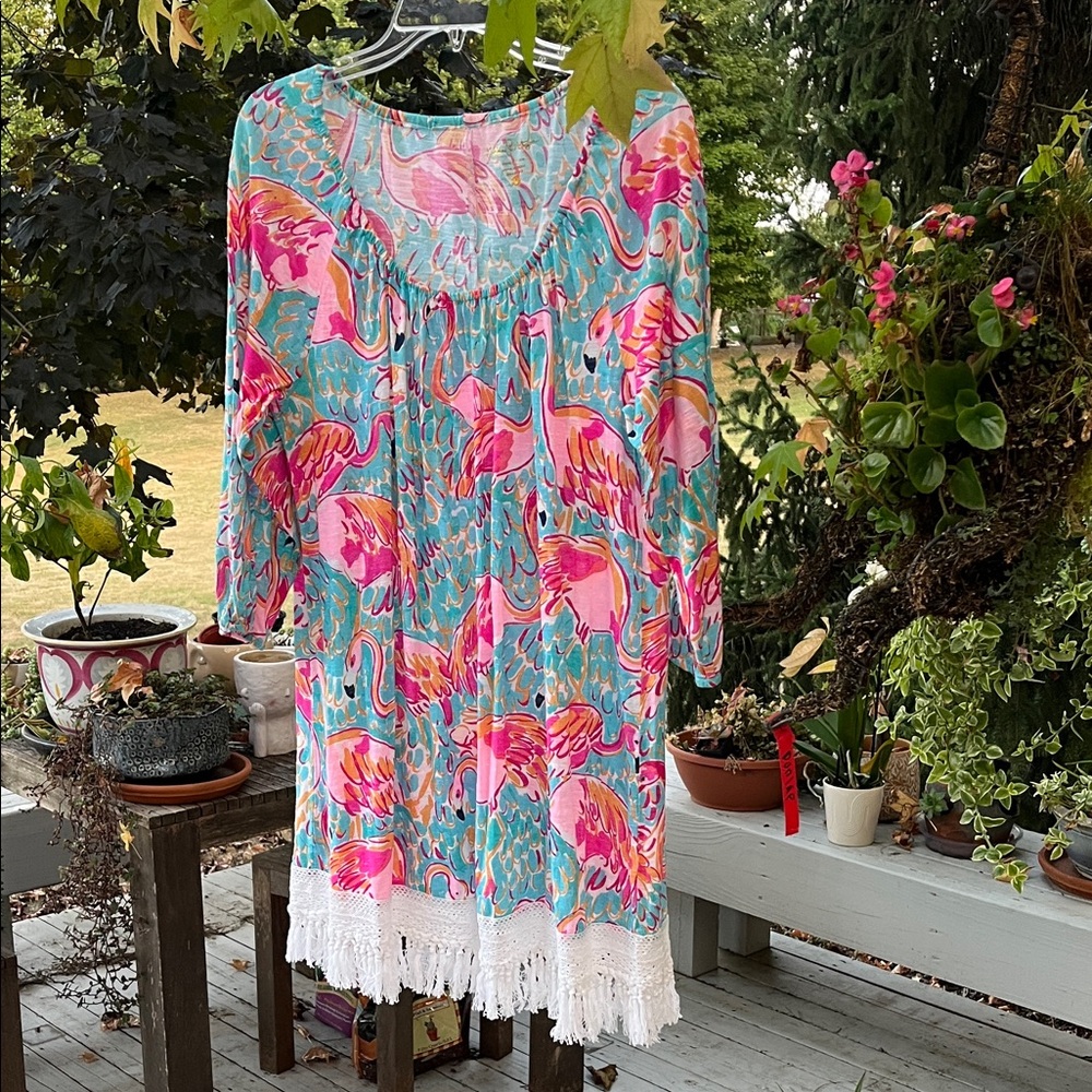 Lilly Pulitzer Pink and Blue Flamingo shift  Dress with fringe SZ L BNWOT
